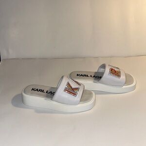 Karl Lagerfeld White Slides with Multicolor Embroidery